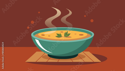 Hot bowl of soup with herbs served in a green dish on a wooden mat in cozy cartoon style