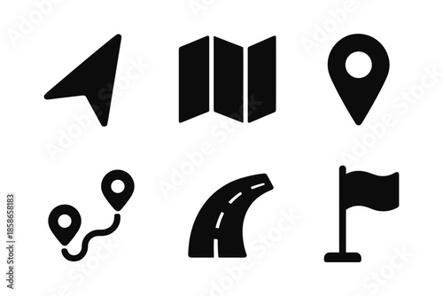 Navigation icons set: location, map, route, gps, and flag symbols in flat design