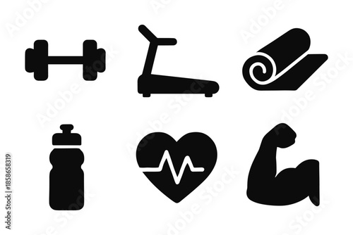 Essential fitness icons: dumbbell, treadmill, yoga mat, water bottle, heartbeat, flexed arm