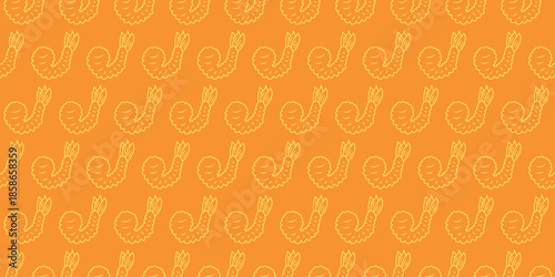 Vibrant orange background featuring a charming seamless pattern of stylized fried shrimp, ideal for culinary branding, restaurant decor, or festive food-themed designs and digital backdrops