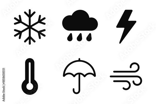 Weather icons set featuring minimalist symbols of snow, rain, storm, temperature, umbrella, and wind