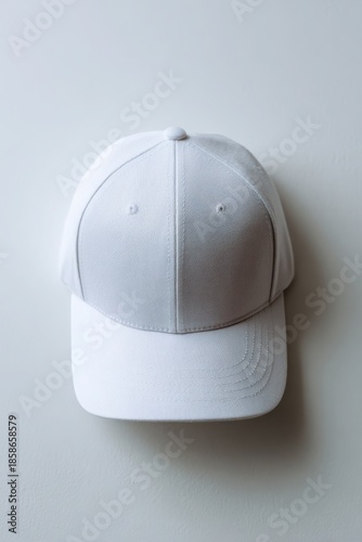 A stylish white cap with intricate patterns, set against a soft gray background, perfect for casual wear. Snapback cap mockup
