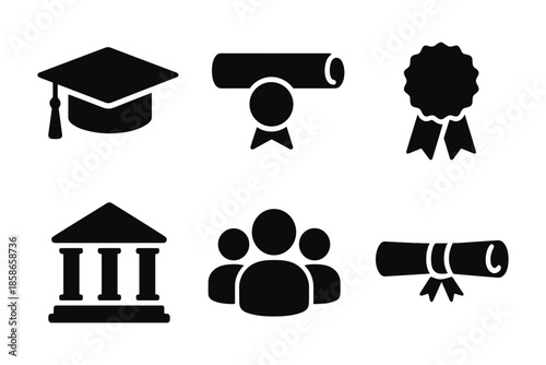 Education symbols set: graduation cap, diploma, medal, institution, group icon collection