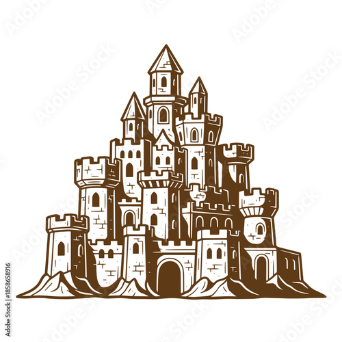 Vintage sand castle with towers and turrets on sandy hill isolated on transparent background