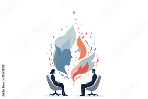 Man and woman sitting in chairs facing each other with colorful energy flames between profiles, flat vector illustration symbolizing psychotherapy session, deep conversation, emotional connection and 