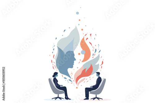 Man and woman sitting in chairs facing each other with colorful energy flames between profiles, flat vector illustration symbolizing psychotherapy session, deep conversation, emotional connection and 