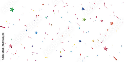 colorful celebration scene with confetti and stars on a white background perfect for representing a party or special occasion. ideal for conveying happiness and enthusiasm.