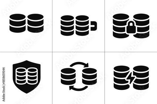 Database icons set: secure, sync, and backup solutions in black and white silhouette design