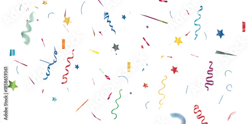 colorful celebration scene with confetti and stars on a white background perfect for representing a party or special occasion. ideal for conveying happiness and enthusiasm.