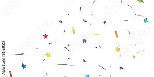 colorful celebration scene with confetti and stars on a white background perfect for representing a party or special occasion. ideal for conveying happiness and enthusiasm.