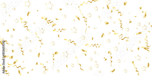 Golden confetti and streamers falling against a white background creating a celebratory and elegant atmosphere for events	