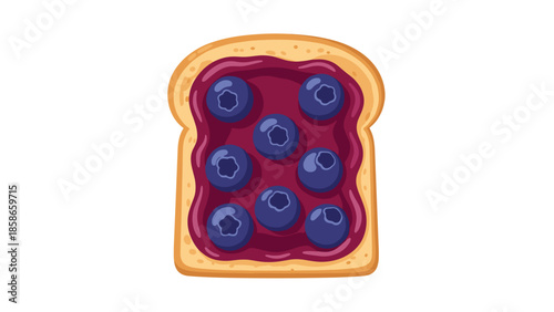 Delicious slice of toasted bread generously spread with sweet blueberry jam, topped with fresh whole blueberries.