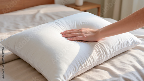 An aesthetically pleasing shot conveying a feeling of comfort and purity. A hand gently presses a plump pillow, emphasizing its softness. The bright bedroom, bathed in soft morning light, creates an a