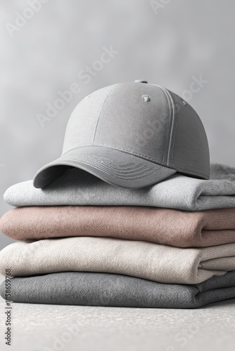 Stylish gray cap atop soft, patterned fabrics on a neutral background, showcasing a modern, minimalist aesthetic. Snapback cap mockup