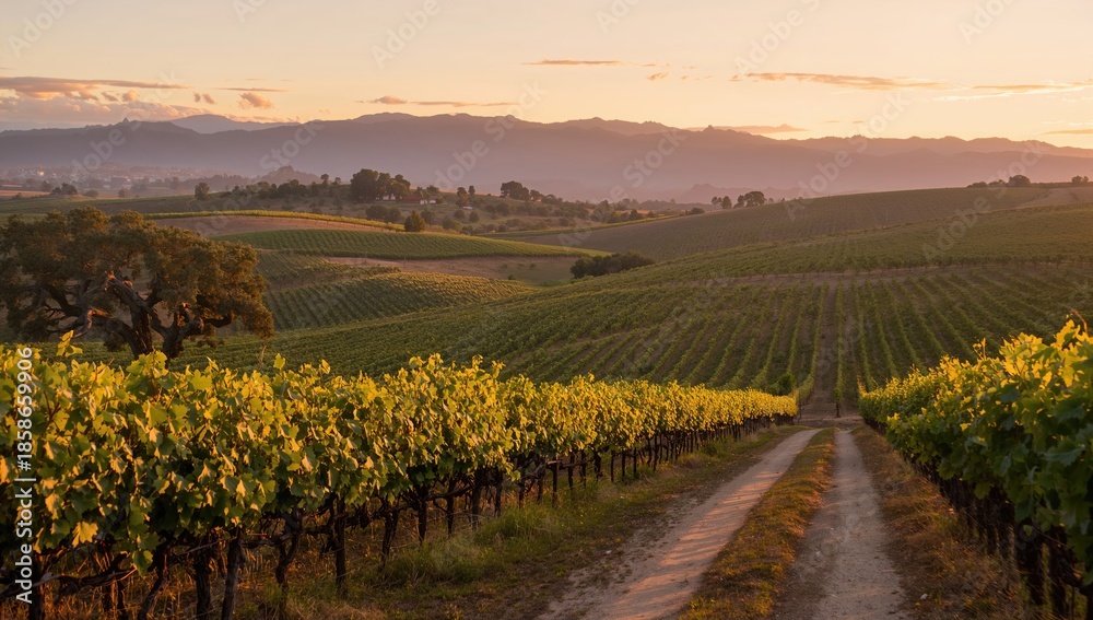 Naklejka premium Grapevines extending across a hillside in a scenic vineyard, suitable for harvest activities