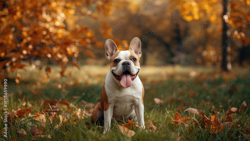 Obraz premium French bulldog in fawn and white coloring resting among autumn leaves and grass, ideal for nature-themed layouts