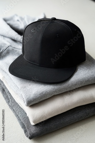 A stylish black cap rests atop neatly folded gray and white sweatshirts on a light background. Snapback cap mockup