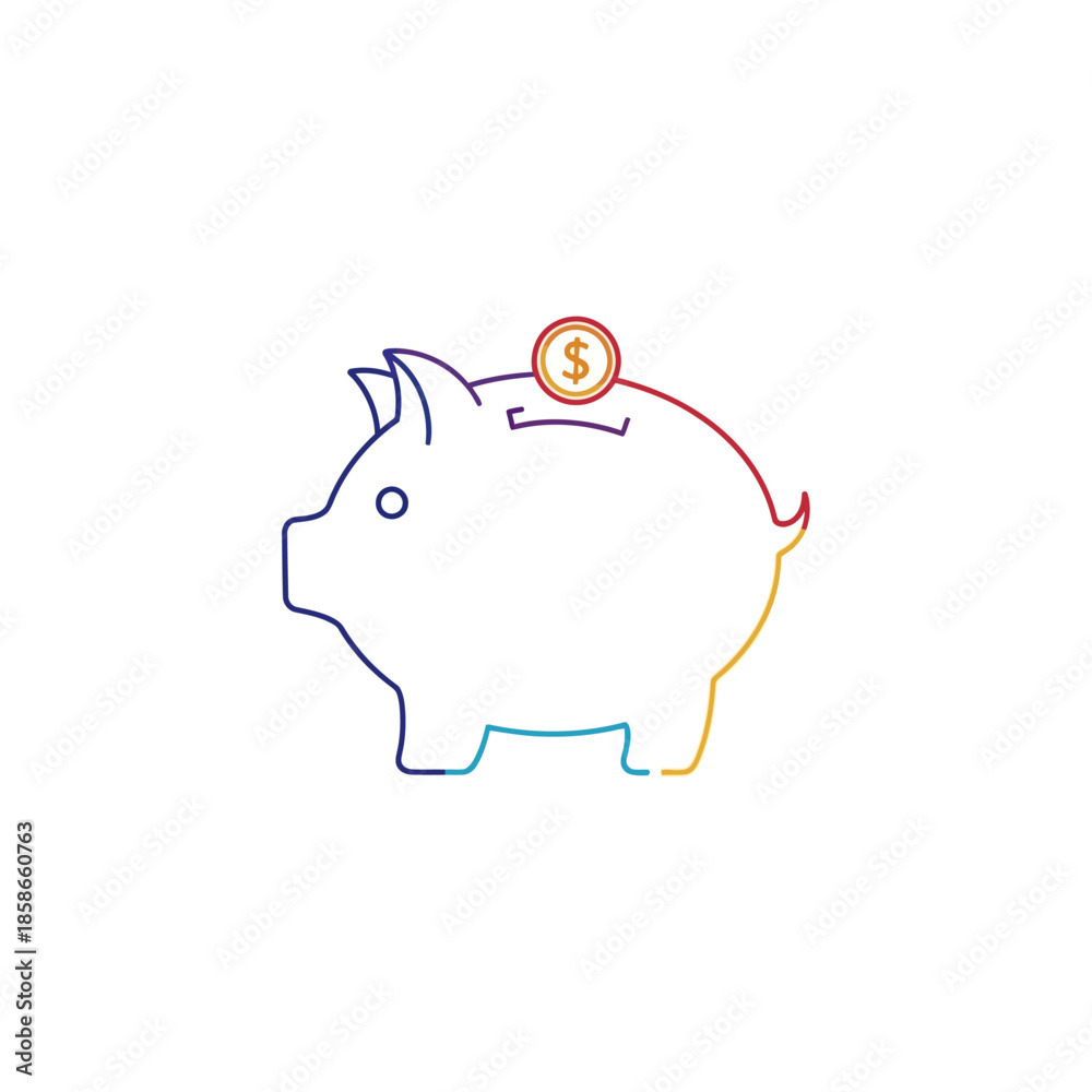 Obraz premium Colorful Line Art of Piggy Bank with Coin for Saving Money Concept