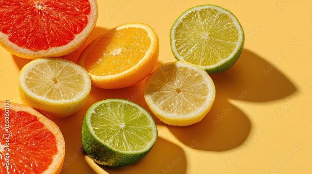 Fototapeta premium Different types of citrus fruits are arranged on a bright yellow surface. The fruits include grapefruit lemon lime and orange in various cuts.