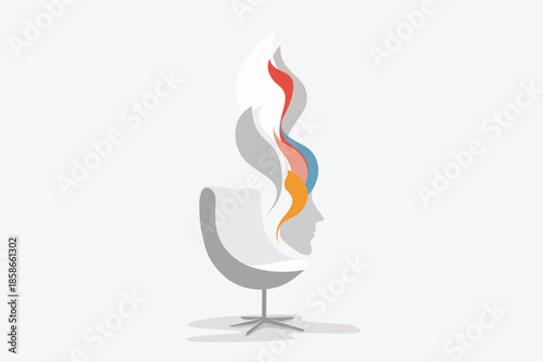 Woman in modern armchair with colorful flames emerging from profile silhouette, flat vector illustration symbolizing psychotherapy, creative thinking, mind transformation, psychology session and emoti