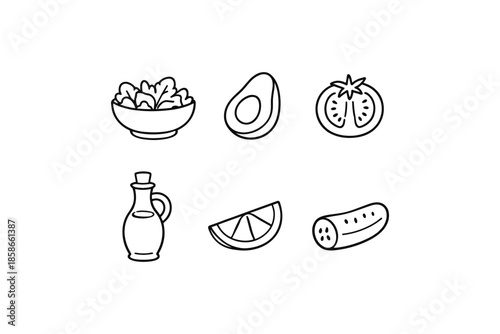 Healthy salad ingredients: avocado, tomato, cucumber, and more in minimalist style