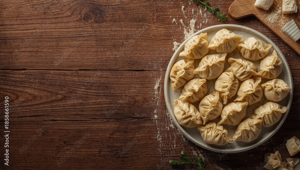 Fototapeta premium Chinese-style dumplings arranged for cooking, highlighting dough texture and filling, Food preservation awareness