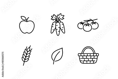 Minimalist outline icons of fresh produce and nature elements