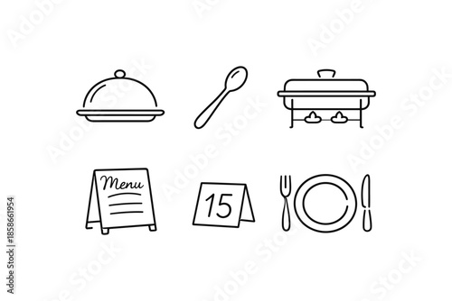 Minimalist catering and buffet icons set with menus and tableware