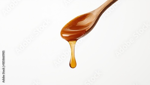 A spoon with caramel sauce ...