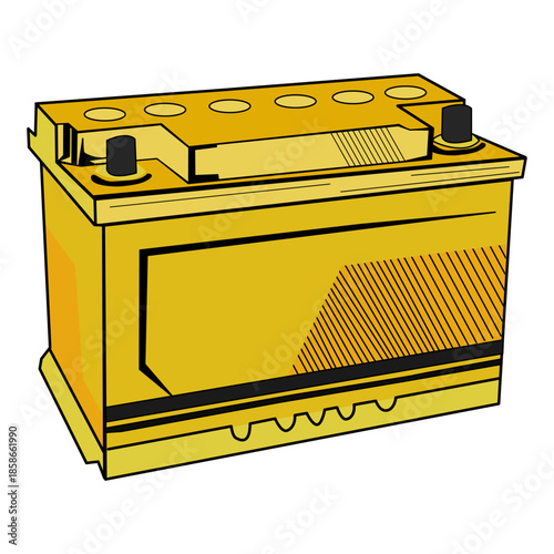 A Yellow car battery with terminals.