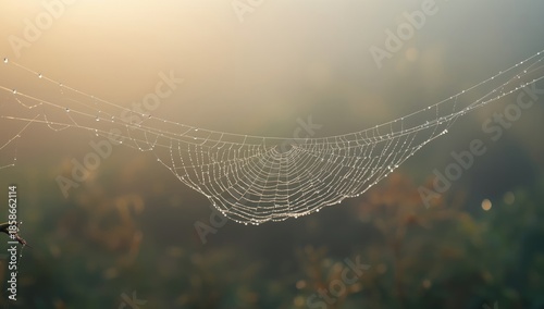 Dew-covered spider web in e...