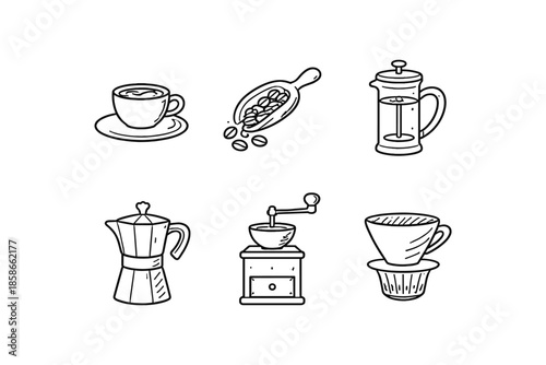 Hand-drawn coffee equipment collection featuring various brewing styles