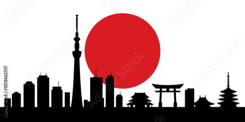 A vibrant silhouette of tokyo's iconic skyline against the rising sun flag of japan