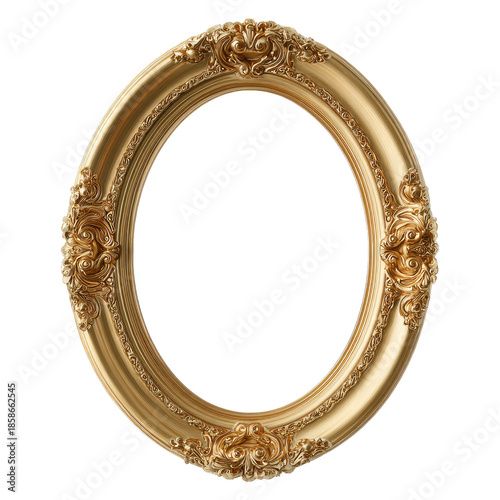 Gold oval picture frame with ornate details