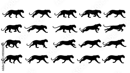 Black panther silhouettes in various walking and running poses illustrating movement