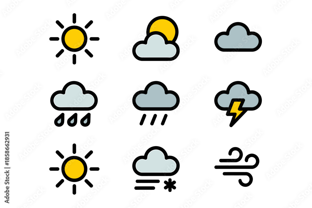 Obraz premium Weather icons set including sun, clouds, rain, storm, and snow isolated on white background