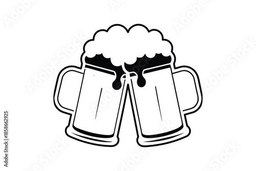 Two Clinking Drinks Mugs Silhouette Illustration with Foamy Splash Isolated