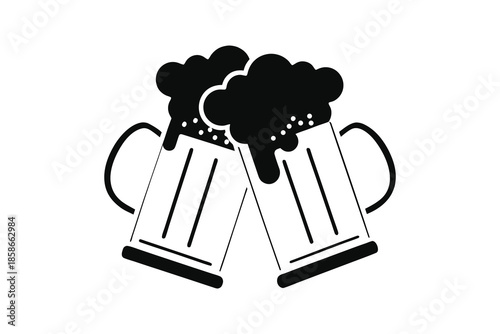 Two Clinking Drinks Mugs Silhouette Illustration with Foamy Splash Isolated