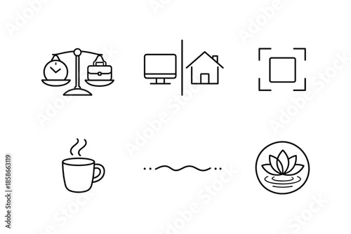 Minimalist line icons: balance, technology, home, focus, coffee, meditation