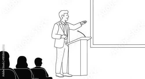 Businessman presenting to audience in conference setting with blank screen
