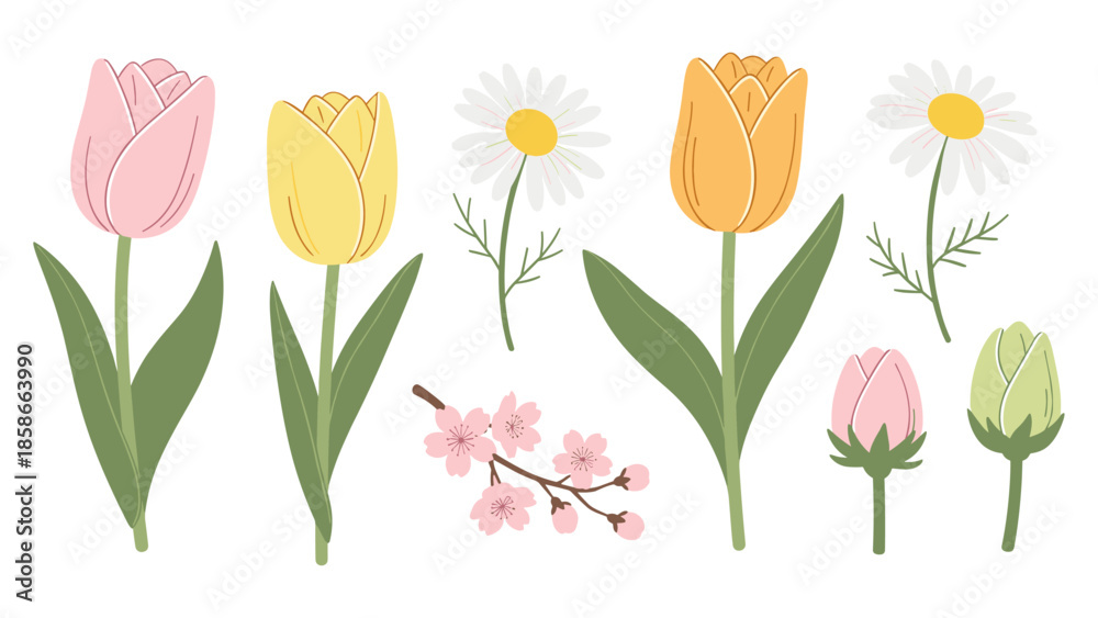 Fototapeta premium Pastel springtime blooms with tulips and daisies