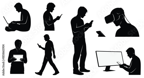 People using modern technology devices in various settings