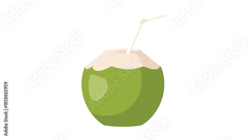 Whole green coconut with a drinking straw inserted, offering a refreshing and natural tropical beverage ready to enjoy.
