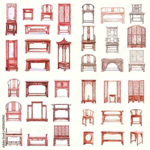 Outline illustration set of vintage furniture objects drawn in red line art style including chairs cabinets shelves and tables arranged in a structured grid on white background