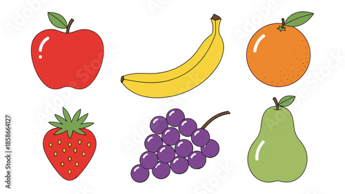 Colorful cartoon fruit collection with apple, banana, orange, strawberry, grapes, and pear