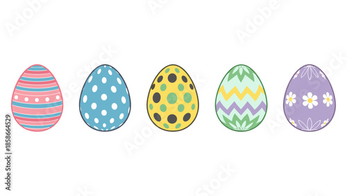 Colorful easter eggs with various patterns on white background