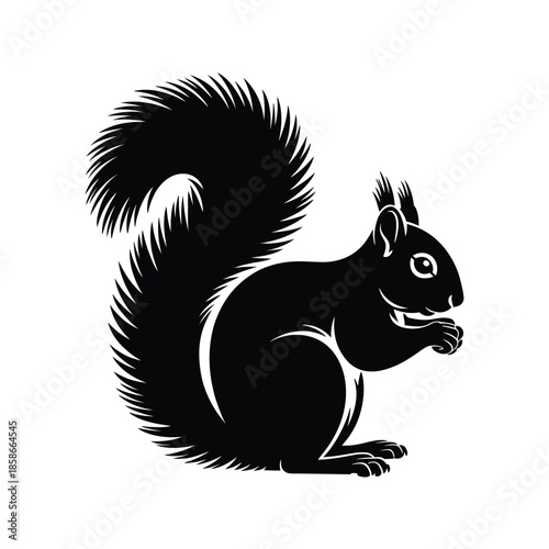 A black and white illustration of a squirrel holding a nut