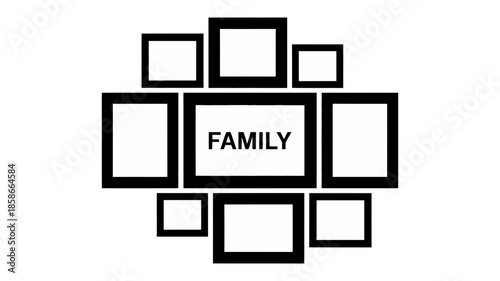 A modern collage of empty photo frames with a prominent 'family' frame at the center