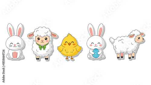 Cute cartoon easter animals with rabbits, sheep, and chick