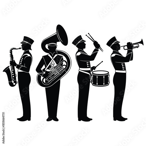 A black and white silhouette of a jazz band playing instruments